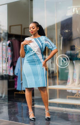 Elegant light blue abstract print shift dress